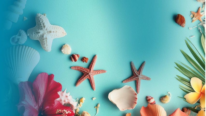 Snäckskal, sjöstjärnor, tropiska blommor och palmblad är utspridda på en blå yta och skapar ett livfullt flat lay-arrangemang med sommar- eller strandtema.