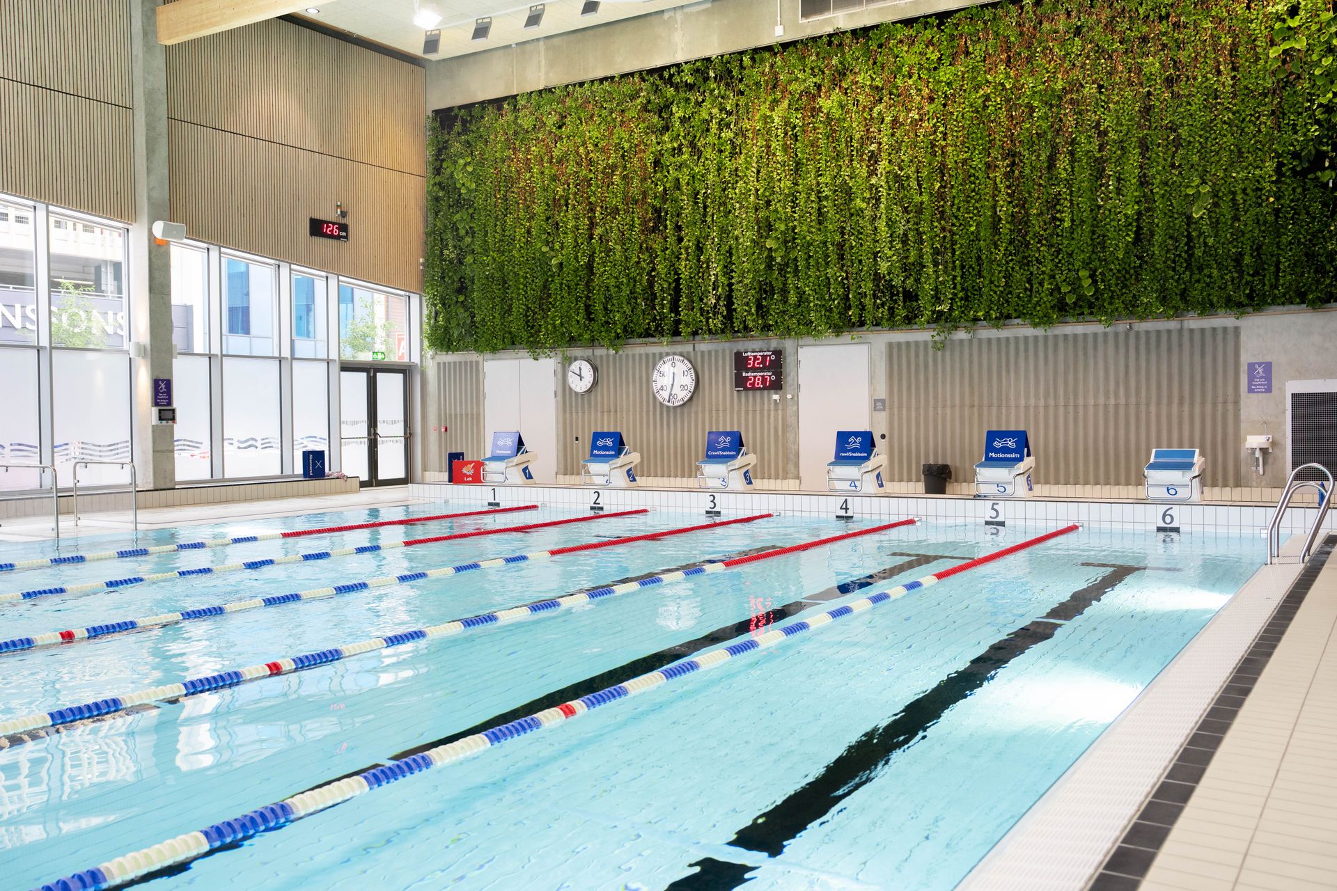 Inomhuspool med sex banor, startblock och banavgränsare. Stor grön vertikal trädgård på bakväggen. Klockor och fönster syns. Rent, ljust utrymme med modern design.