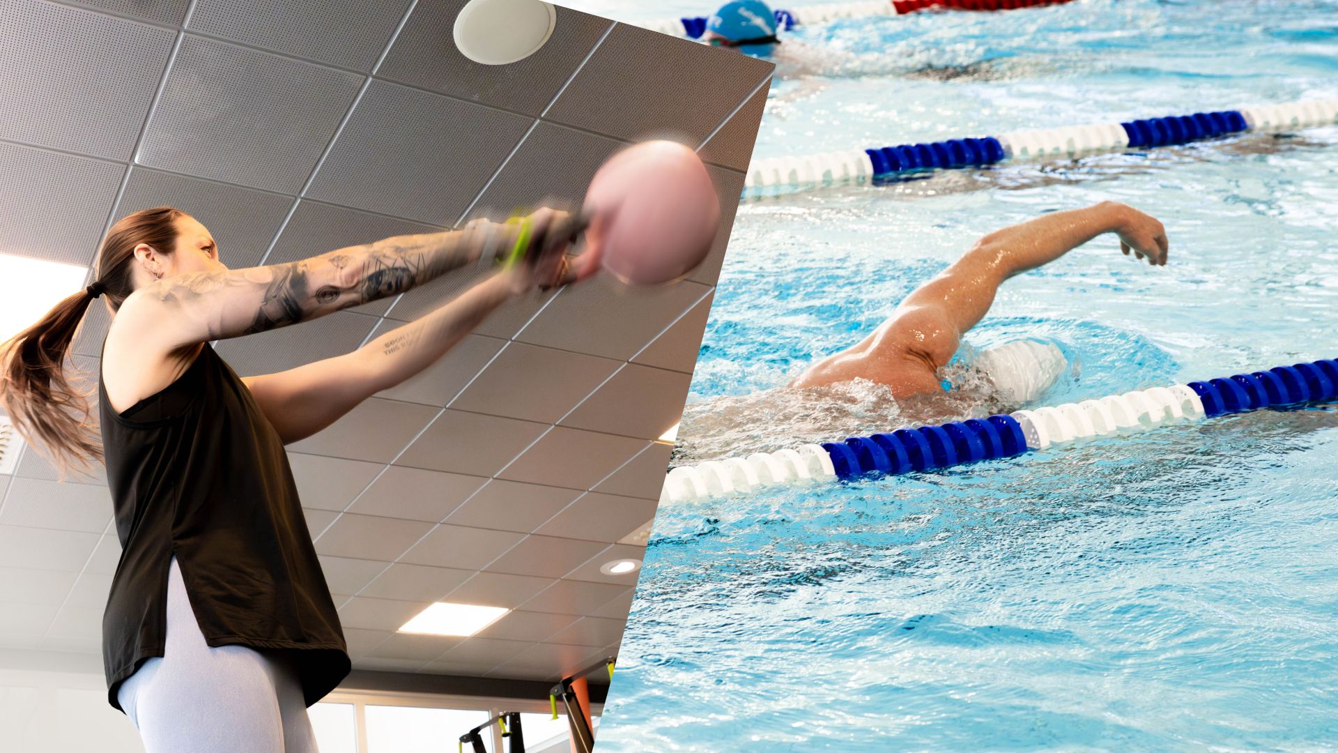 En delad bild: till vänster lyfter en kvinna en kettlebell i ett gym; till höger simmar en simmare i keps freestyle i en blå bassäng, åtskilda av banavdelare.