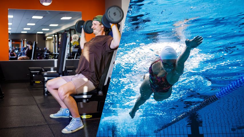 En delad bild som till vänster visar en person som lyfter hantlar på en bänk i ett gym, och till höger en simmare under vattnet i en pool, med badmössa och simglasögon.