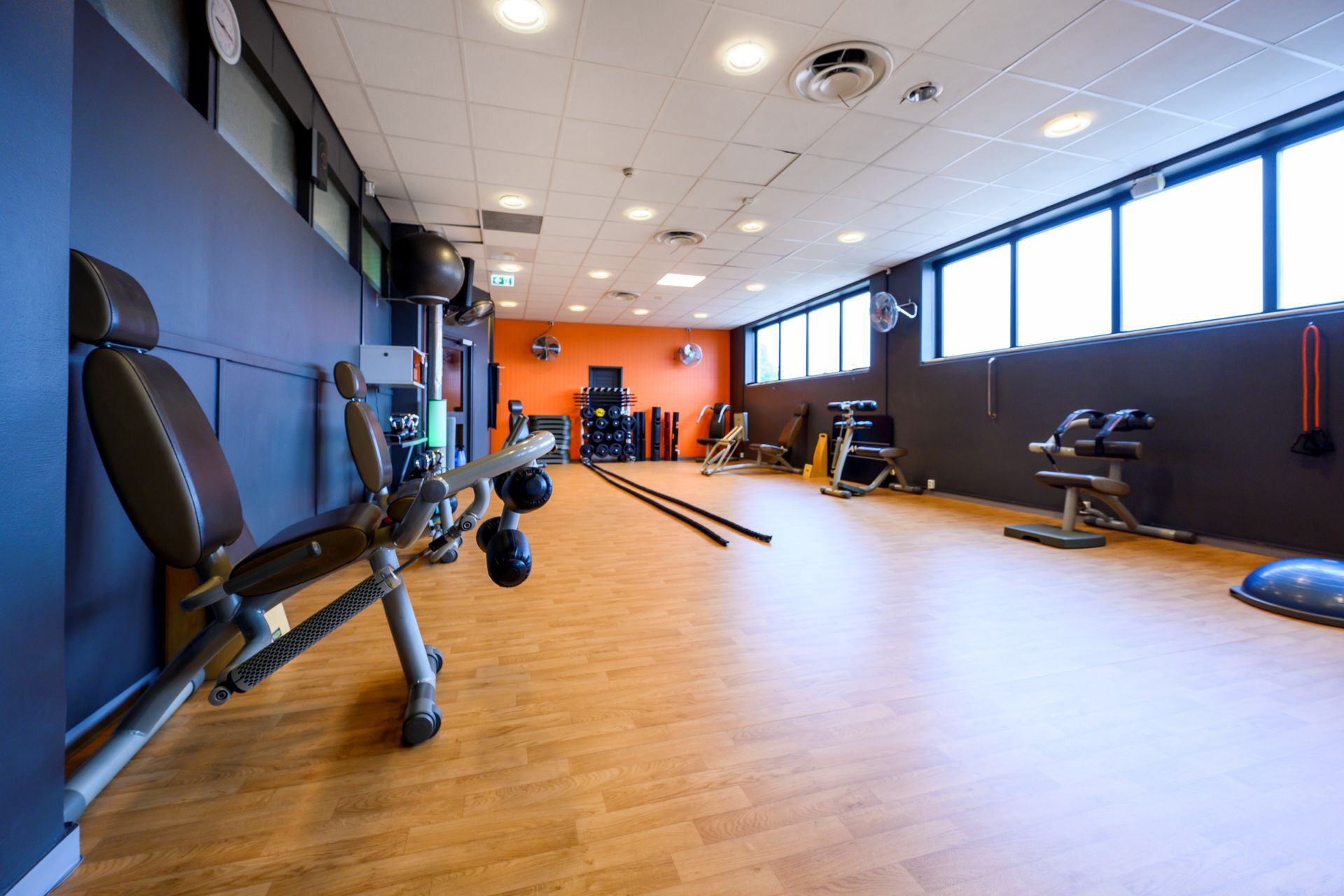 Bild  på en träningssal med fria vikter och rep för träning