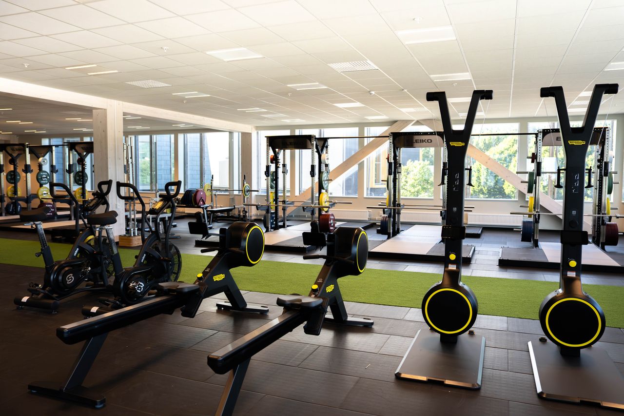 Ett modernt gym med roddmaskiner, motionscyklar och styrketräningsstationer. Stora fönster släpper in naturligt ljus. Grönt konstgräs avgränsar träningsområdena.