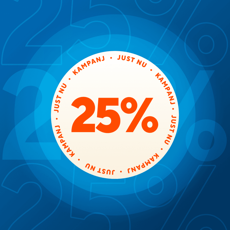 En blå bakgrund med stora, upprepade texter som visar ”25 %”. I mitten står ”25 %” skrivet i fet orange text, omgiven av en ring där orden ”Kampanj” och ”Just nu” upprepas i orange.