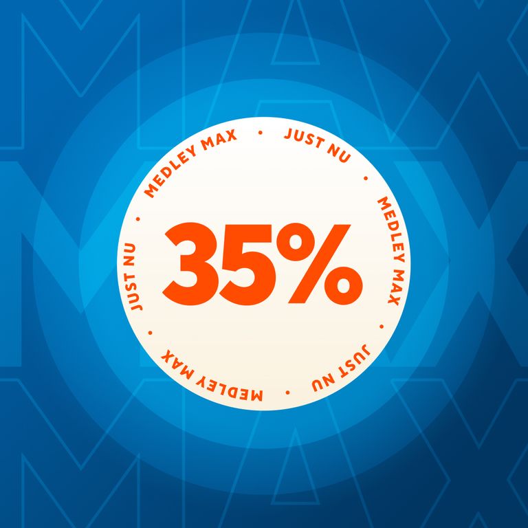 En cirkelformad grafik med 35% i stor orange text i mitten. Runt omkring finns orden JUST NU och MEDLEY MAX upprepade i ett ringmönster, mot en blå bakgrund med svag MAX-text.