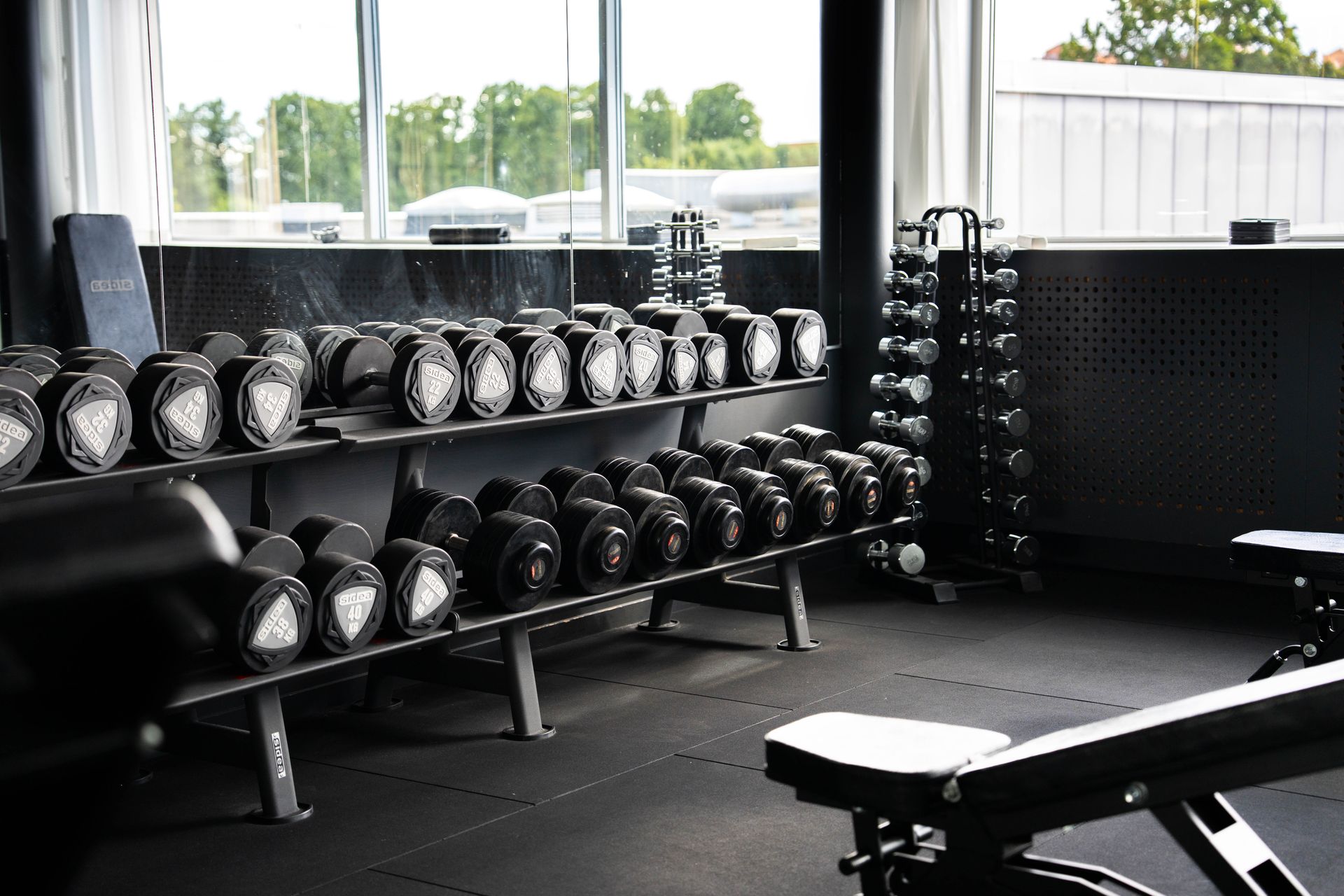 Ett gym med rader av hantlar på ställningar, ett vertikalt ställ med mindre vikter, bänkar och stora fönster som släpper in naturligt ljus.