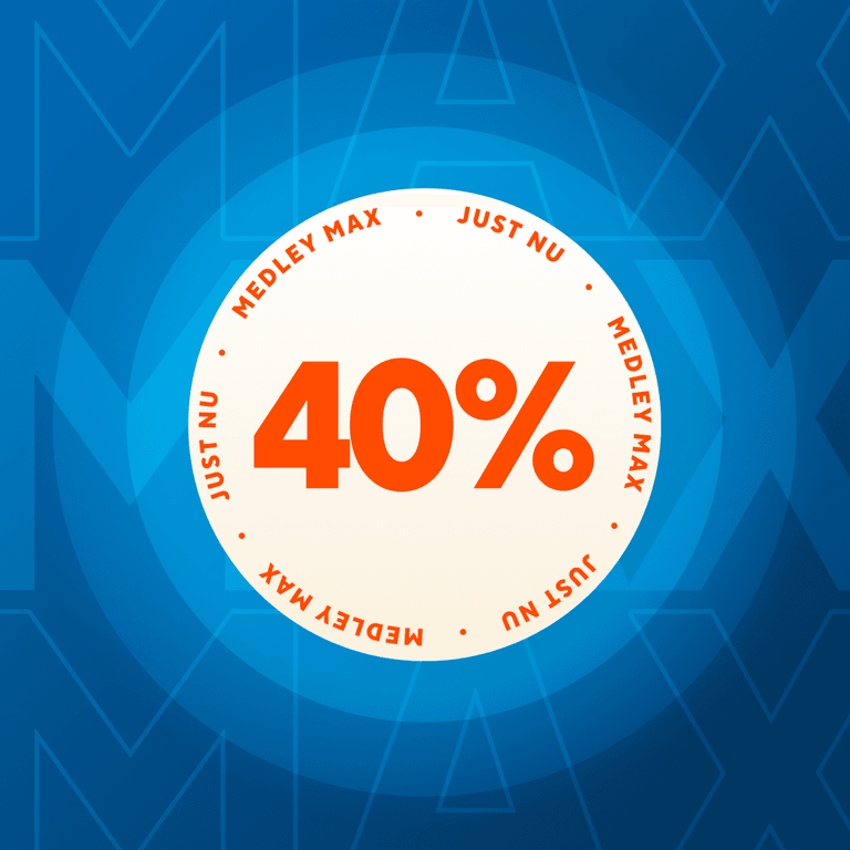 En cirkel med texten ”40 %” i fet orange text. Runt cirkeln återkommer orden ”JUST NU” och ”MEDLEY MAX”. På den blå bakgrunden syns en svag, stor text med ordet ”MAX”.